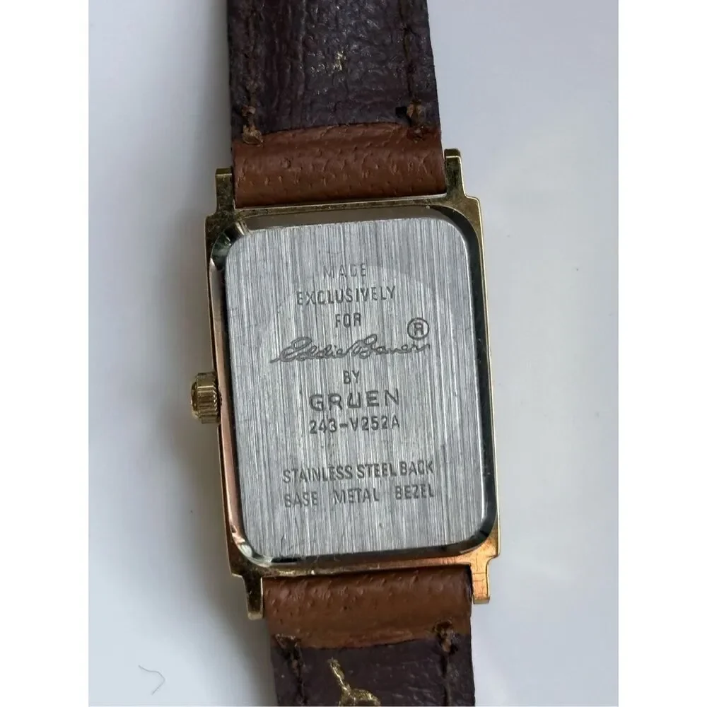 1980s Eddie Bauer For Gruen Tank Watch Leather Strap Vintage Wristwatch - Picture 3 of 8